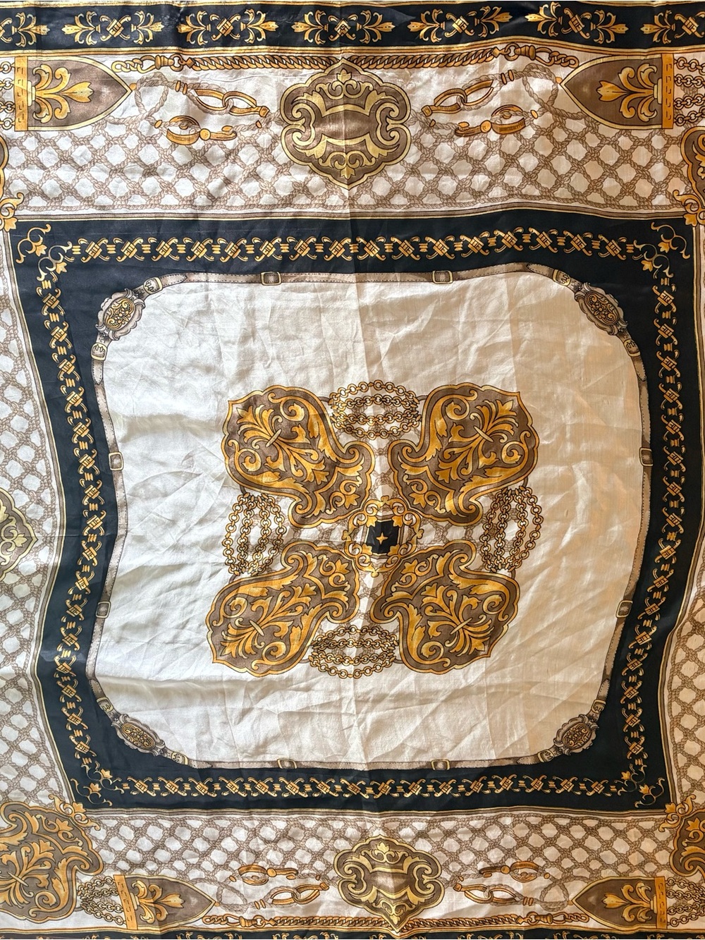 VINTAGE Bijoux Terner Gold, Black, and white 100% silk scarf.